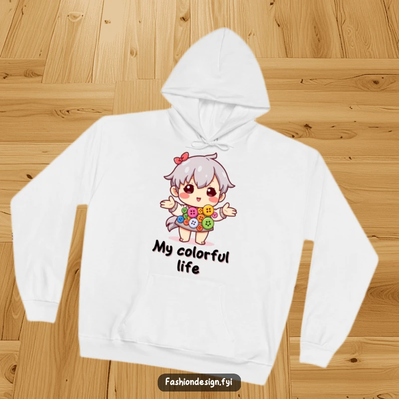 Funny hoodie showing a proud character artfully arranging colorful buttons, designed for comfort and hobbyists.