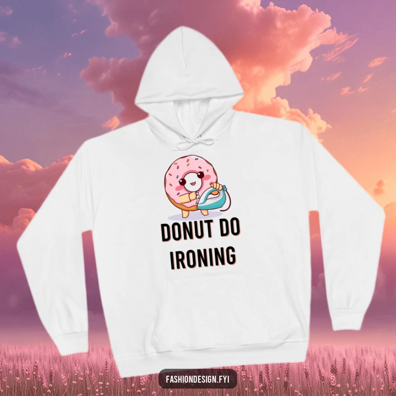 Funny mischievous donut with sprinkles, attempting to iron a shirt using a tiny iron, hoodie, great funny gift.