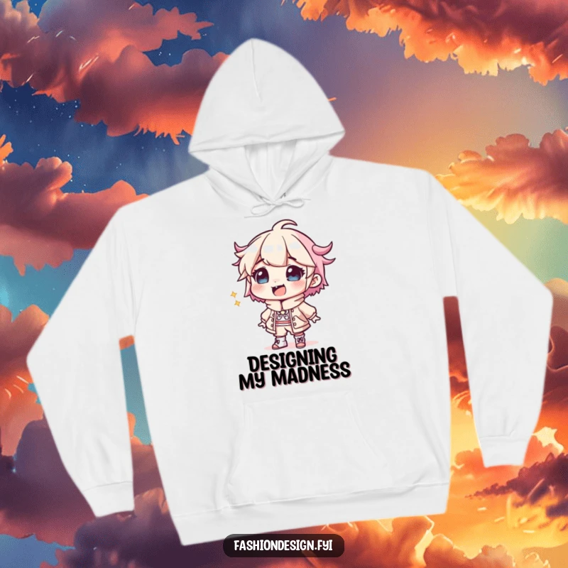 Funny Designer Hoodie: A giggling character diligently sketches a wonderfully eccentric outfit, providing cozy inspiration for creative minds.