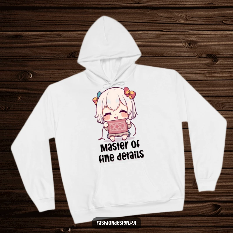 Funny hoodie showing a character with a look of pure delight, admiring a very small and intricate stitch, perfect for crafters.