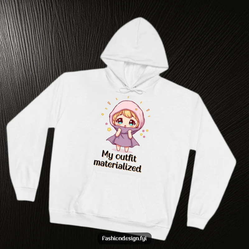 Funny Hoodie: Character looks surprised as a fabric swatch magically transforms, perfect for cozy moments and magic.
