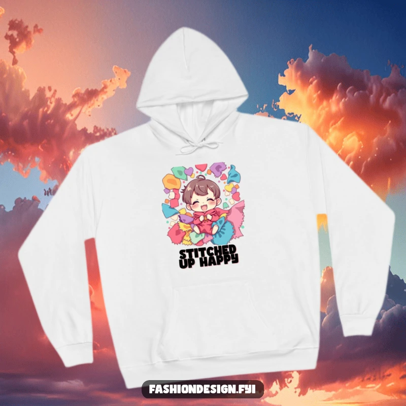 Funny hoodie showcasing a happy character giggling hysterically, buried under a colorful avalanche of fabric scraps, perfect for a cozy crafting session.