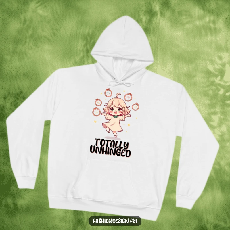 Funny hoodie with a character doing a happy dance surrounded by floating mannequins, embodying fashion joy.