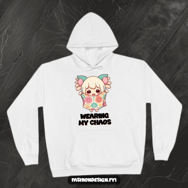 Funny hoodie featuring a delighted character holding up a piece of wildly patterned fabric, symbolizing creative excitement.