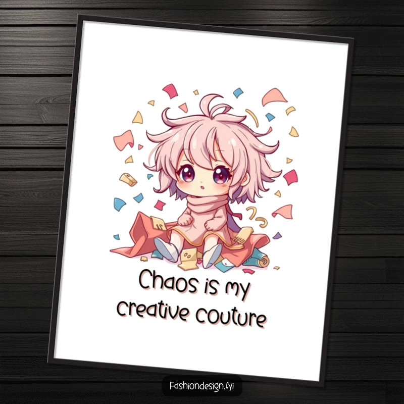 Funny Free Printable Wall Art: Character surrounded by flying fabric scraps in creative chaos, humorous decor.