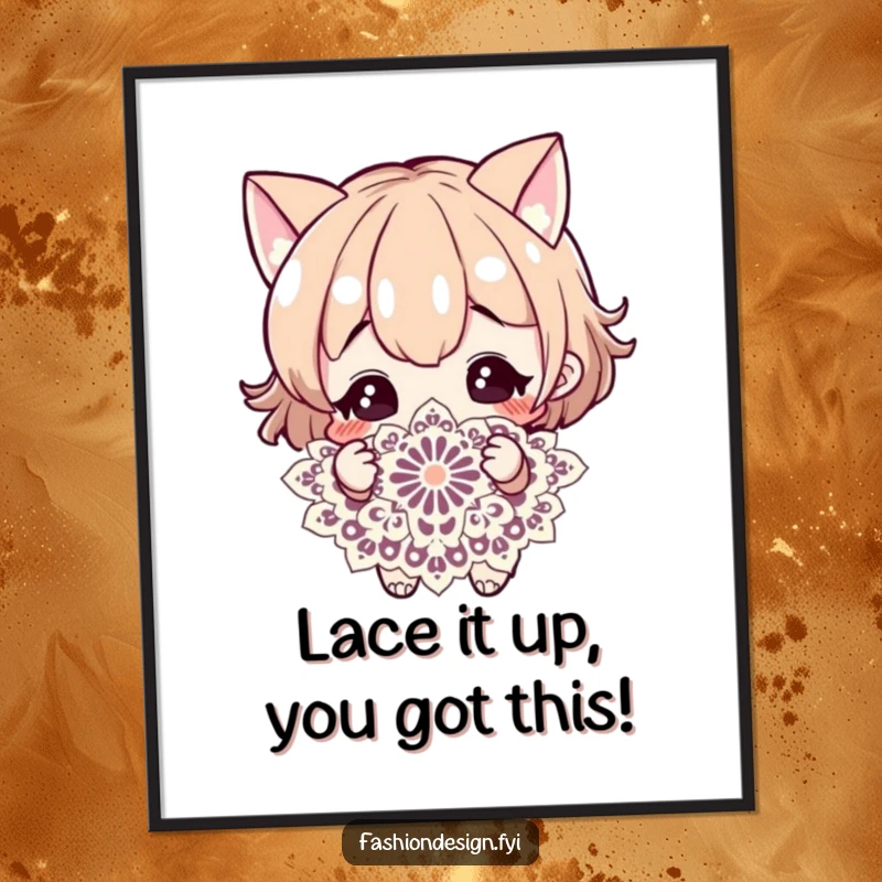 Funny Free Printable Wall Art showing a curious character intently examining the beautiful and complex weave of a lace pattern.