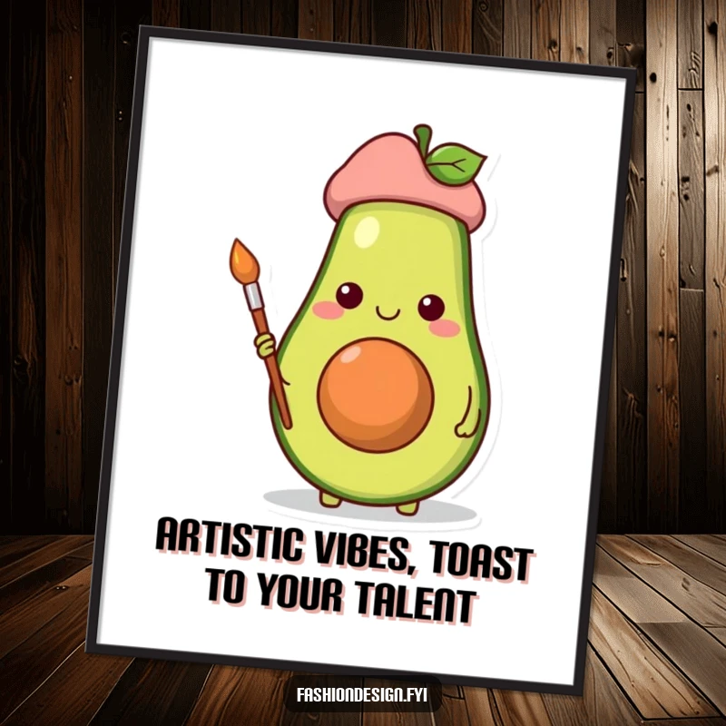 Funny Free Printable Wall Art: Cheerful avocado wearing a beret, holding a tiny paintbrush, creating art.