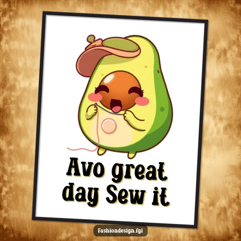 Funny Free Printable Wall Art: Surprised avocado with needle and thread sews a button.