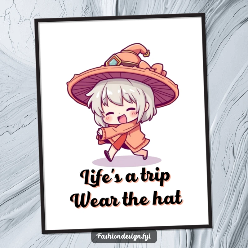 Funny Free Printable Wall Art: Character comically tripping in an elaborate hat, a humorous downloadable decoration.