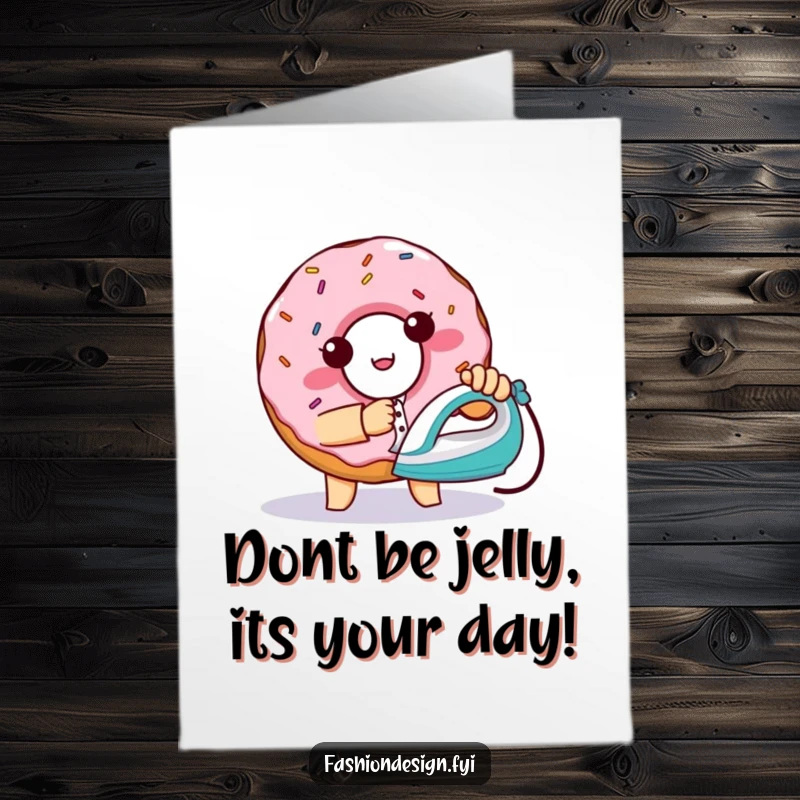 Funny Free Printable Birthday Card: Mischievous donut attempts to iron a shirt with a tiny iron.