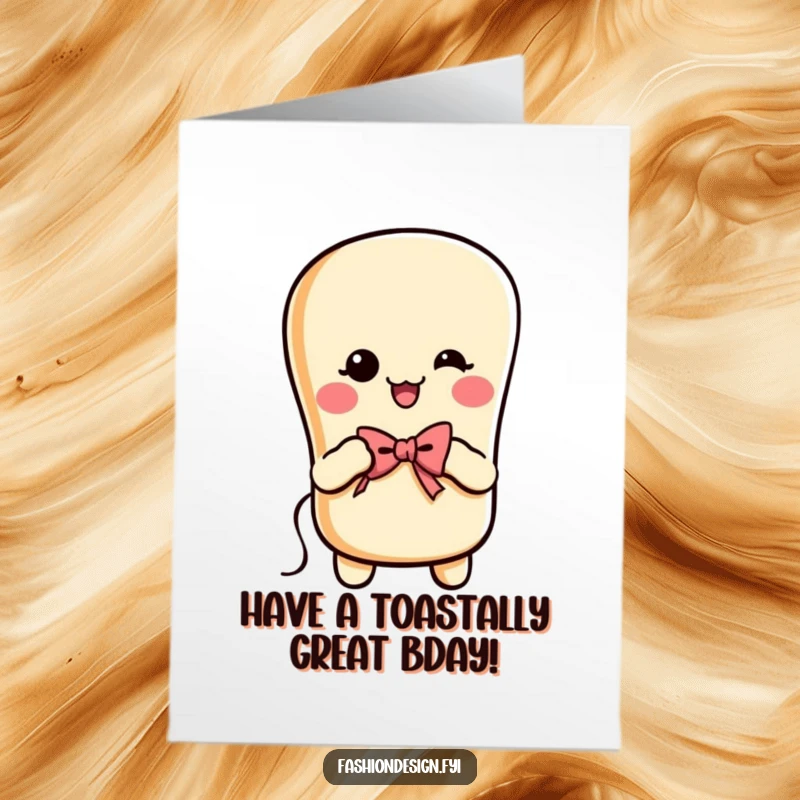 Funny Free Printable Birthday Card: Cheerful baguette stitches a tiny bow with needle and thread.