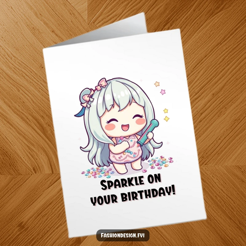 Funny free printable birthday card featuring a lighthearted character joyfully applying shiny sequins with enthusiasm and a smile.