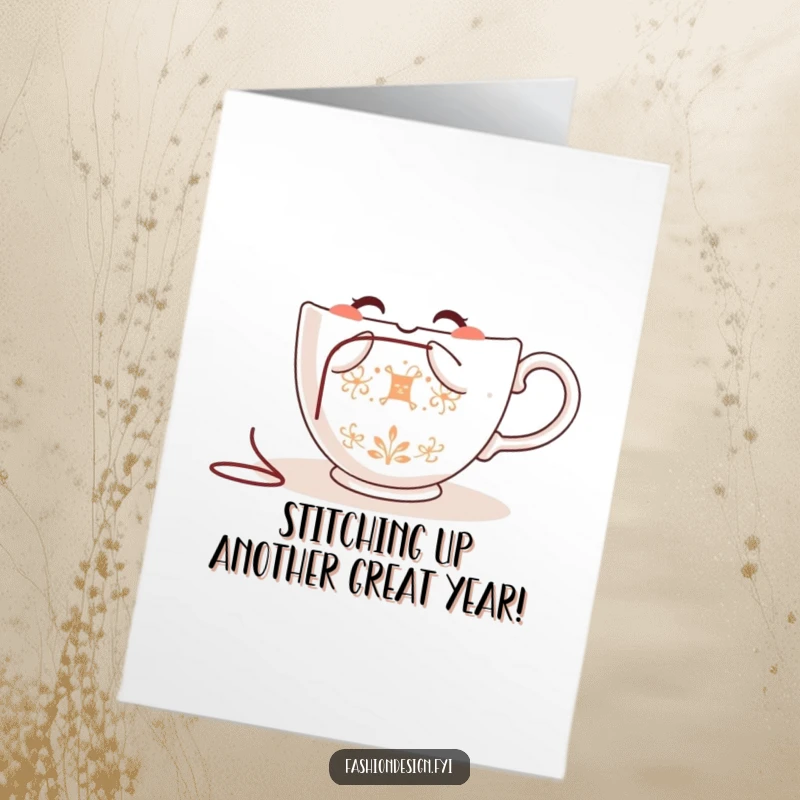 Funny Free Printable Birthday Card: A happy teacup happily embroiders a special message with needle and thread design.