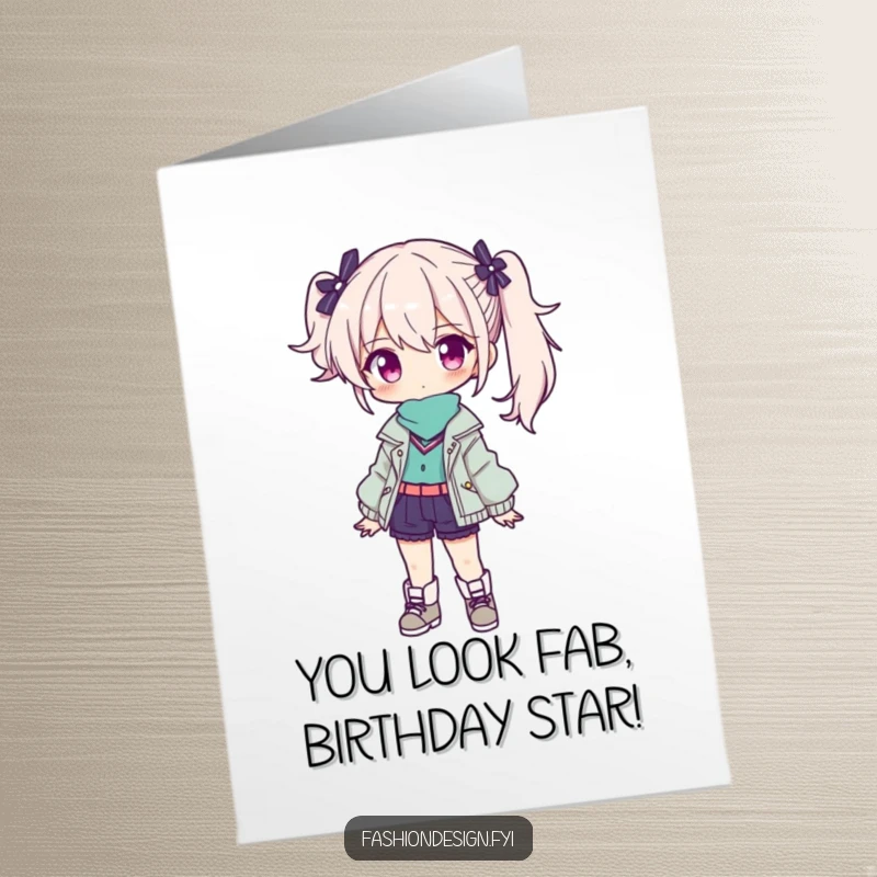 Funny Free Printable Birthday Card: Stylish character confidently presenting a finished, fashionable outfit, celebrating flair.