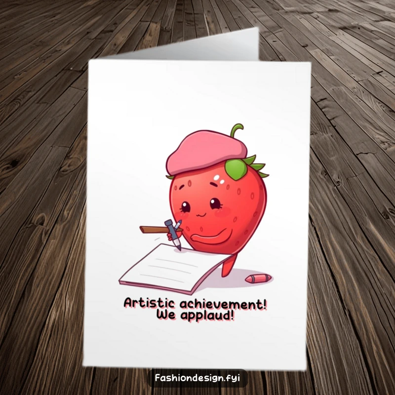 Funny Free Printable Congrats Card: Strawberry artist in beret sketches a masterpiece.
