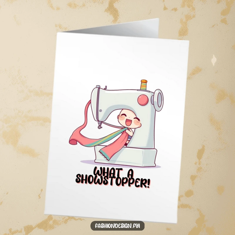 Funny Free Printable Congratulations Card with a delighted character pulling a long, colorful silk ribbon from a giant sewing machine, celebrating.