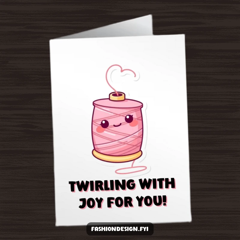 Funny free printable congratulations card showing a cheerful spool of thread in a playful, energetic spin, celebrating an achievement.