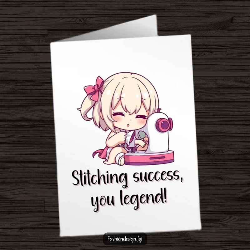 Funny Free Printable Congrats Card: Character dramatically posing with a sewing machine, celebrating a sewing triumph.