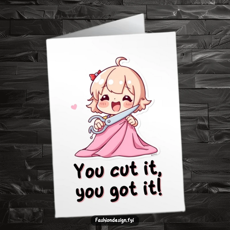 Funny Free Printable Congrats Card: Playful character with large scissors, excitedly cutting fabric, symbolizing creative success.