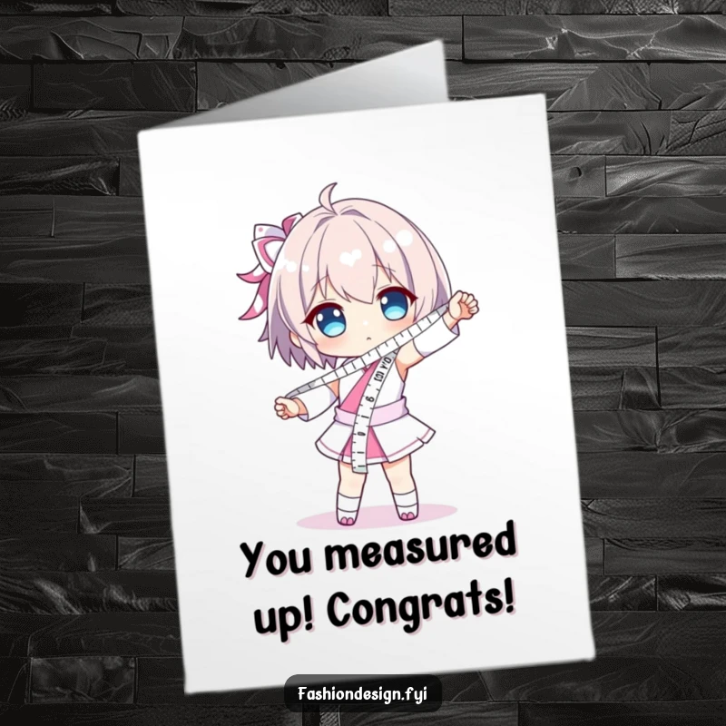 Funny Free Printable Congratulations Card: Character dramatically posing with a measuring tape sash, celebrating success.