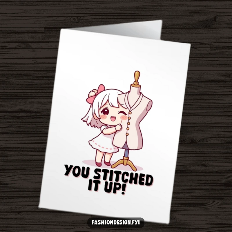 Funny Free Printable Fashion Congrats Card: Character pins fabric on mannequin, a stylish downloadable for new beginnings.