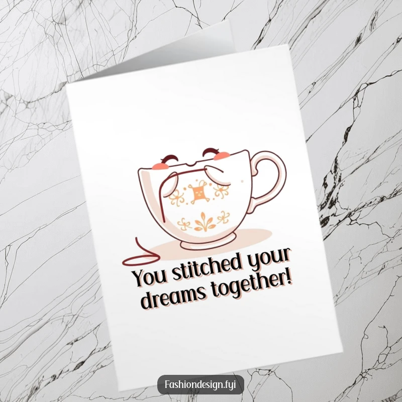 Funny Free Printable Congrats Card: A happy teacup embroiders a congratulatory message, celebrating achievements with needle and thread.