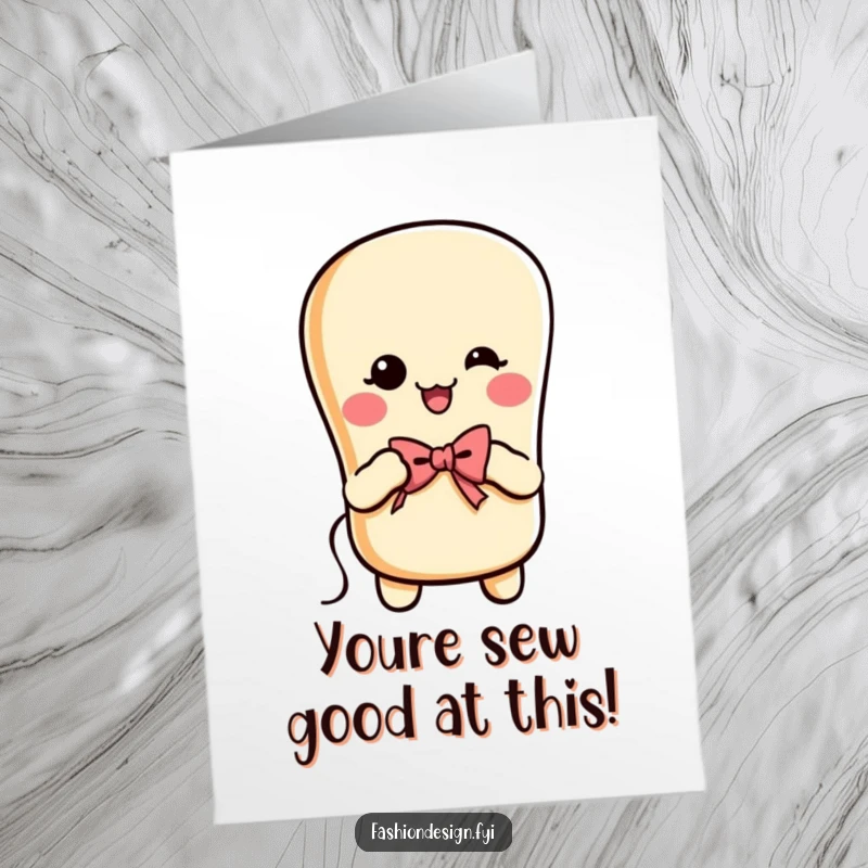 Funny Free Printable Congrats Card: Baguette sews a tiny bow to celebrate.