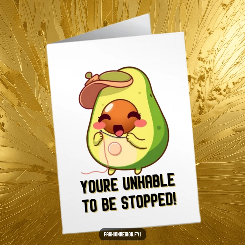 Funny Free Printable Congrats Card: Avocado sews a button onto a hat, celebrating.