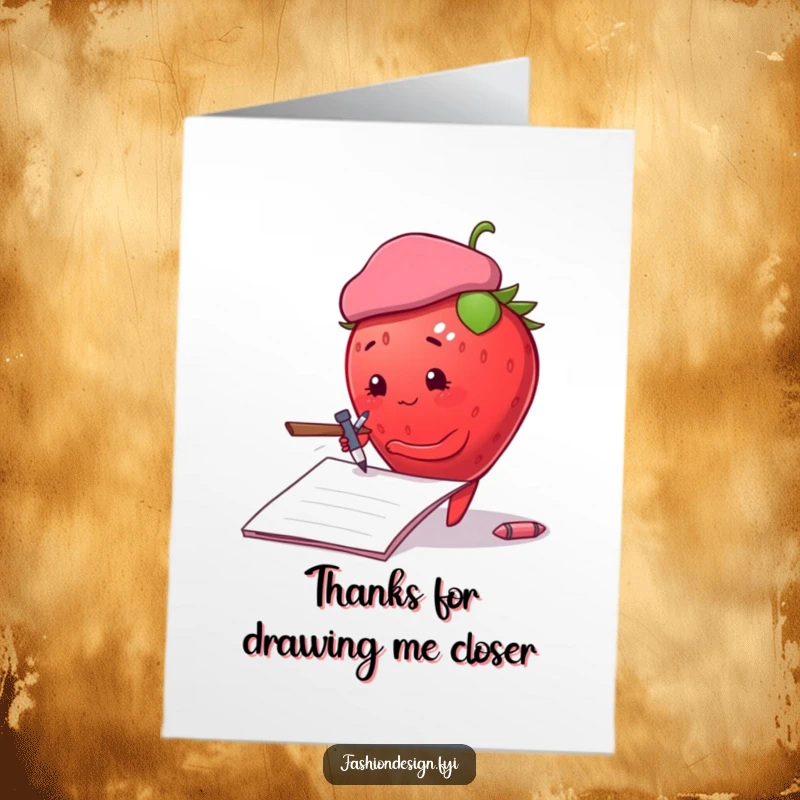 Funny Free Printable Thank You Card: Strawberry artist in beret sketches a thank you note.