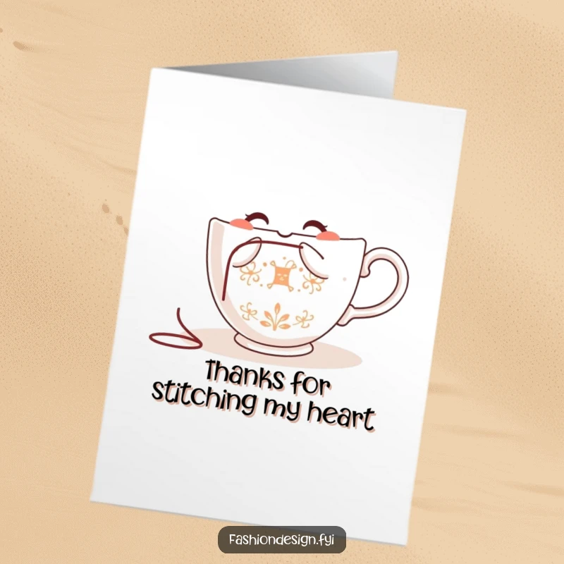 Funny Free Printable Thank You Card: A happy teacup happily embroiders a thank you message with needle and thread.