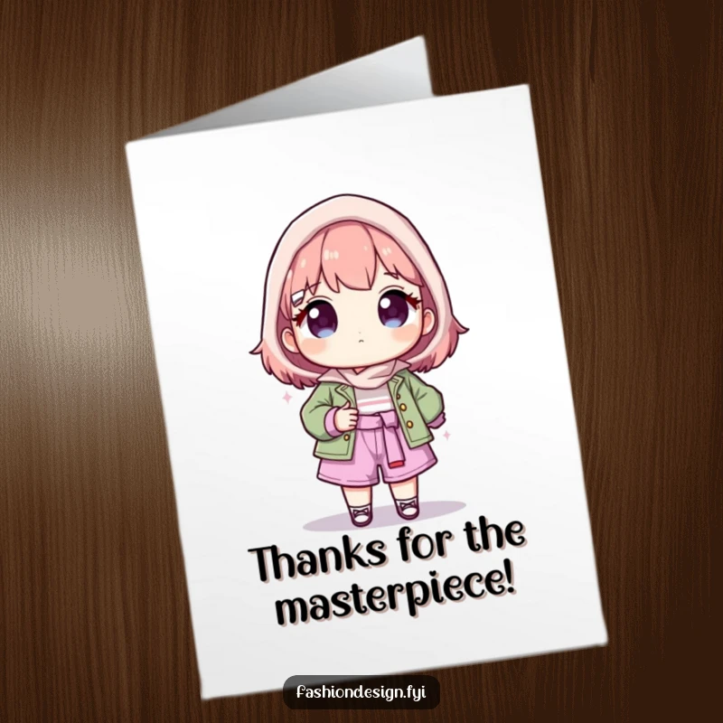 Funny Free Printable Thank You Card: Proud character presents a finished fashion creation, thanking them stylishly. DIY gift.