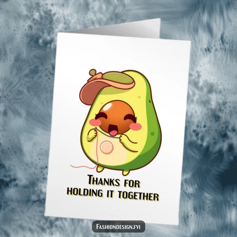 Funny Free Printable Thank You Card: Surprised avocado sews a button onto a tiny hat.