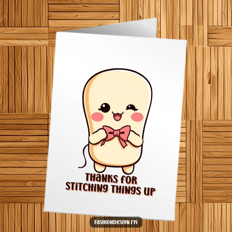 Funny Free Printable Thank You Card: Baguette happily stitches a tiny bow.