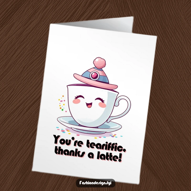 Funny Free Printable Thank You Card: Giggling teacup with a fancy hat, showering colorful glitter with delight.