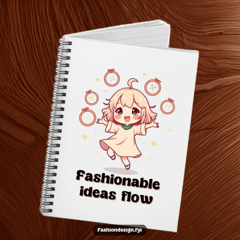 Funny notebook cover with a character doing a happy dance surrounded by floating mannequins, ideal for fashion notes.