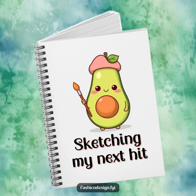Funny notebook with a cheerful avocado artist, beret and paintbrush, ready to capture ideas.