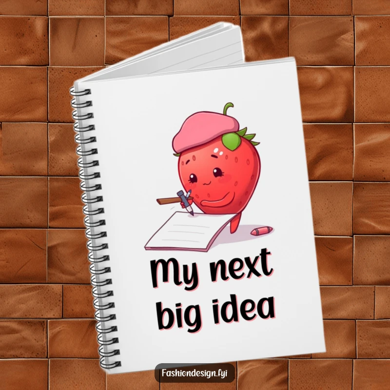 Funny plump strawberry with a beret, sketching on a large notepad, notebook, perfect funny gift.