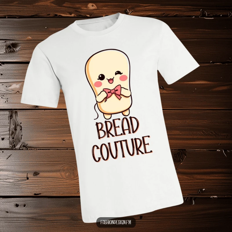 Funny cheerful baguette with arms, holding needle and thread, stitching a small bow, t-shirt, ideal funny gift.