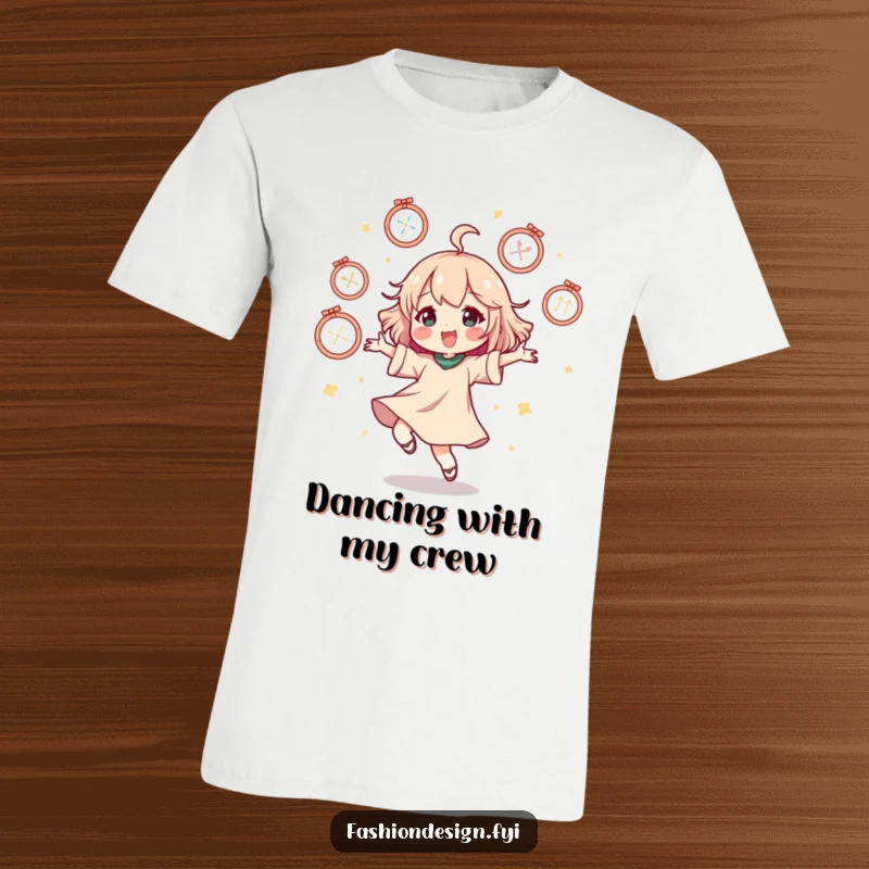 Funny t-shirt showing a character doing a happy dance surrounded by floating mannequins, a celebration of style.