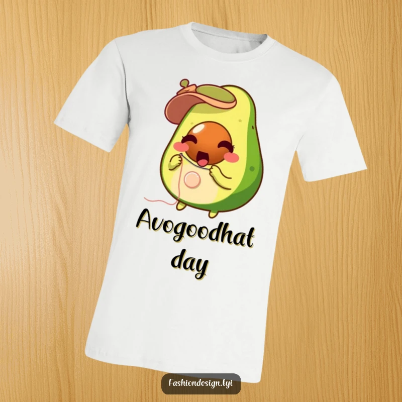 Funny surprised avocado holding needle and thread, sewing a button onto a small hat, t-shirt, ideal funny gift.