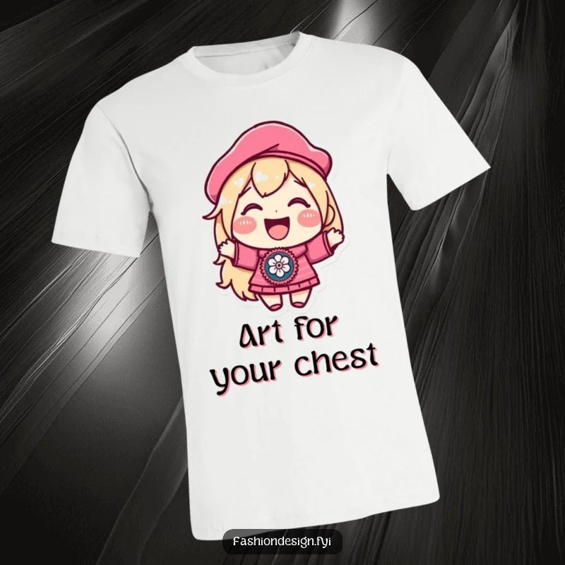 Funny t-shirt showcasing a joyful character wearing a tiny beret, proudly displaying a beautifully embroidered patch, perfect for art lovers.
