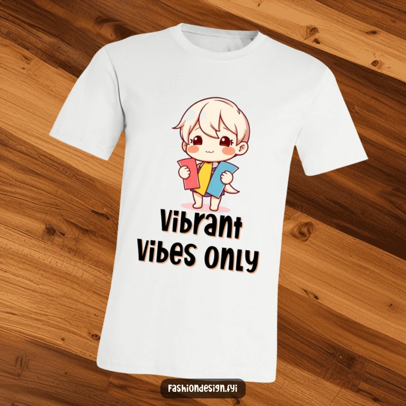 Funny t-shirt with a happy character selecting colorful fabric swatches, representing creativity and joyful crafting, a great gift.