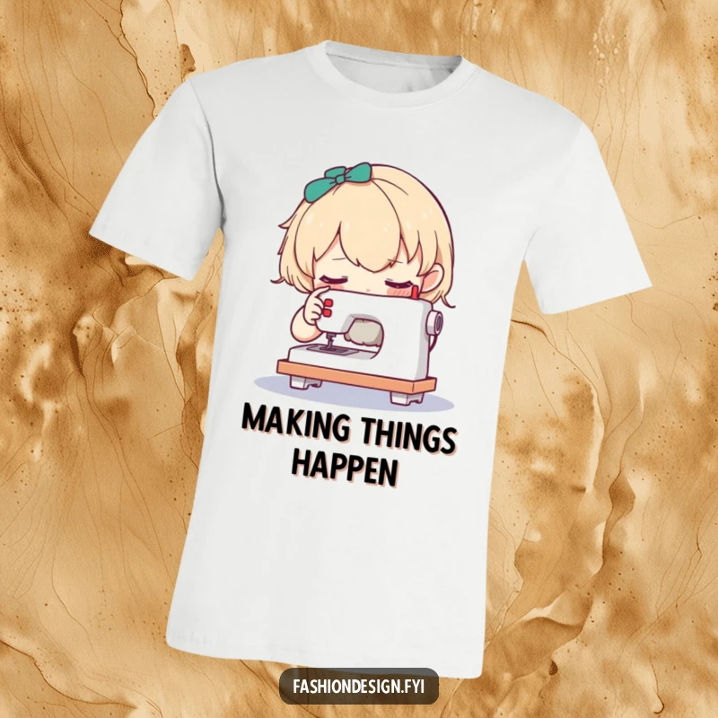 Funny t-shirt depicting a curious character examining a tiny sewing machine, highlighting focus and craftsmanship.