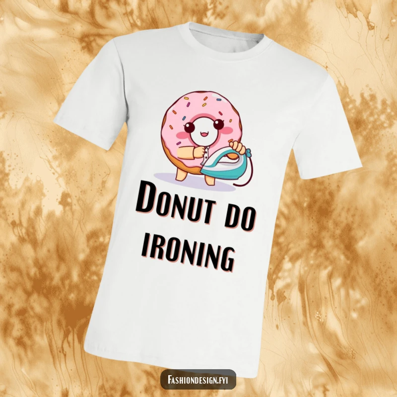 Funny mischievous donut with sprinkles, trying to iron a shirt with a miniature iron, t-shirt, ideal funny gift.