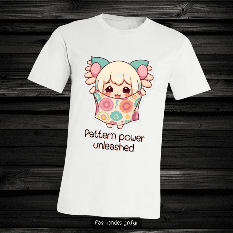 Funny t-shirt with a character showing delight while holding up a piece of wildly patterned fabric, celebrating creativity.