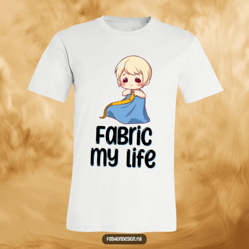 Funny t-shirt with a character joyfully measuring fabric, capturing the essence of crafting and lighthearted fun.