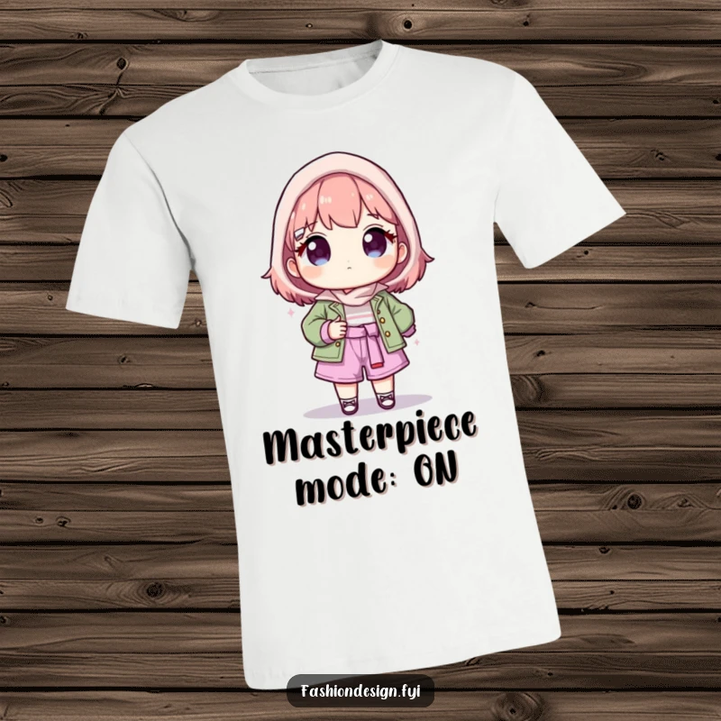 Funny t-shirt of a proud character dramatically presenting their newly finished, fabulous fashion creation with a huge smile.