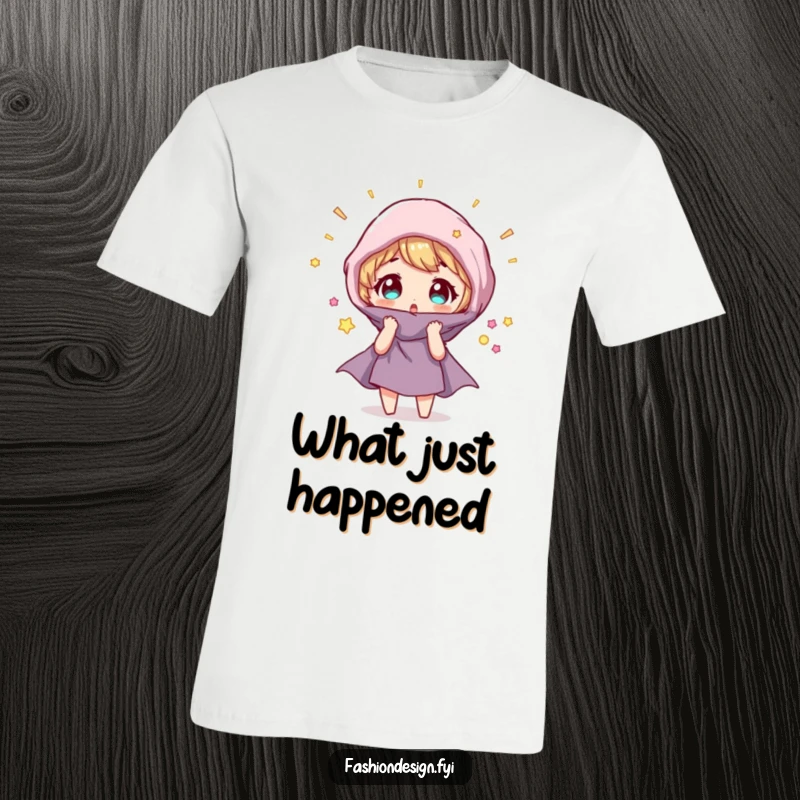 Funny T-Shirt: Character looks surprised as a fabric swatch magically transforms, capturing a moment of enchantment.