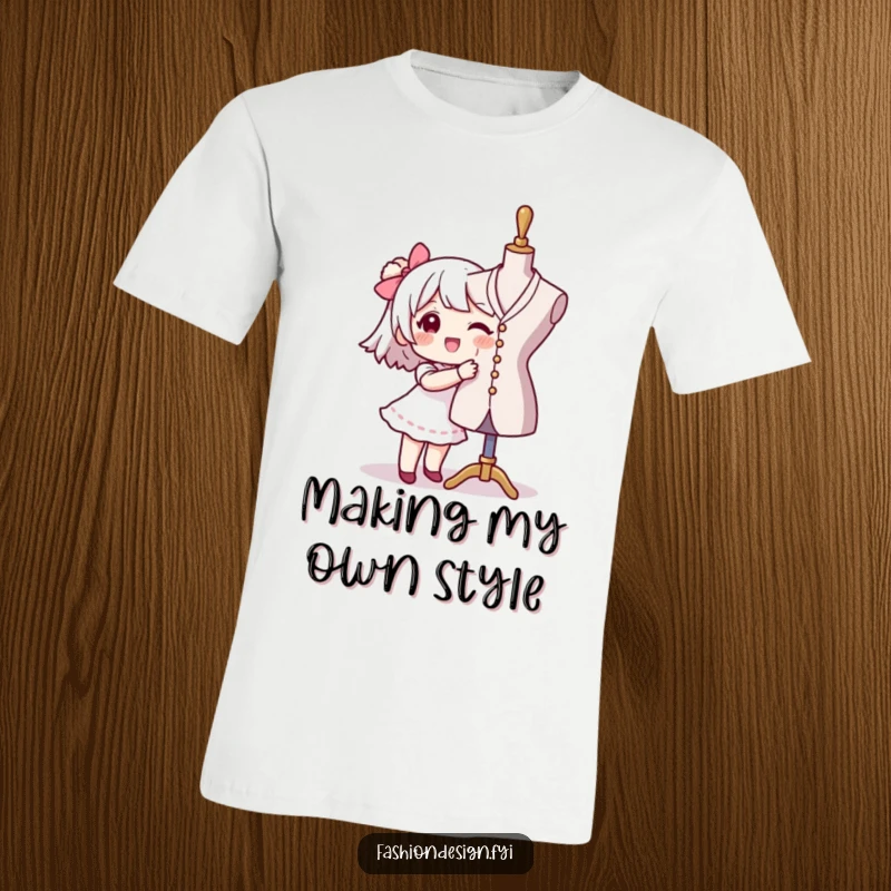 Funny seamstress t-shirt featuring a character happily pinning fabric to a mannequin, a humorous design for sewing enthusiasts, a great gift.