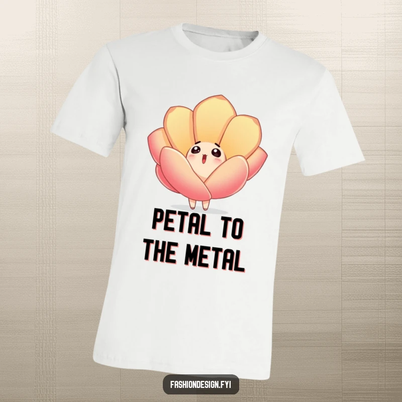 Funny t-shirt depicting a surprised character looking upward as a large, embroidered fabric petal drifts softly down, creating a sense of gentle awe.